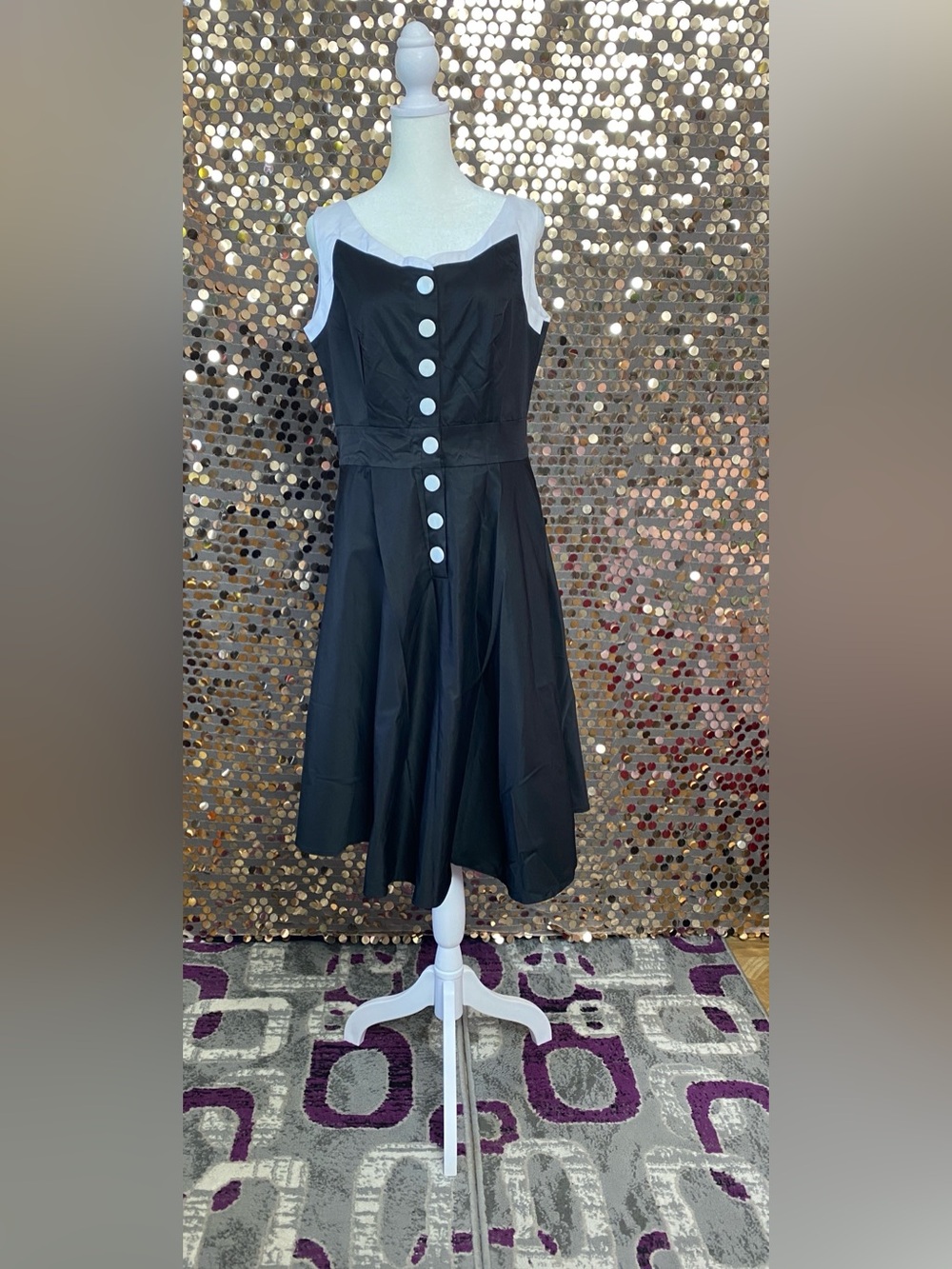Black Dress with White Neckline and Button Detail #1529